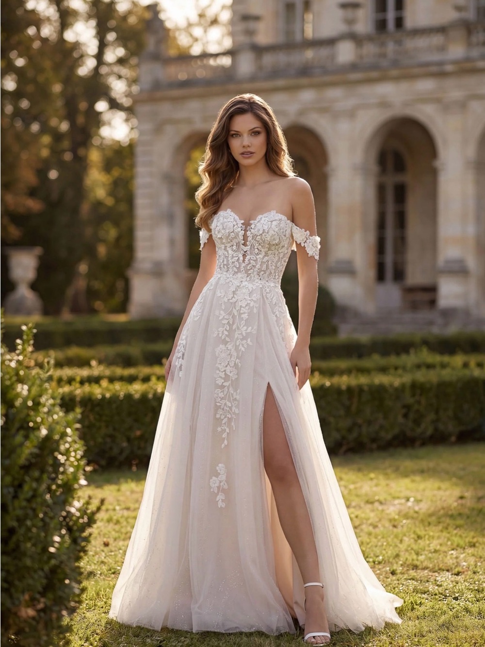 Mori Lee Off-Shoulder Lace Appliqué Bridal Gown in Ivory style:Magnolia 2550